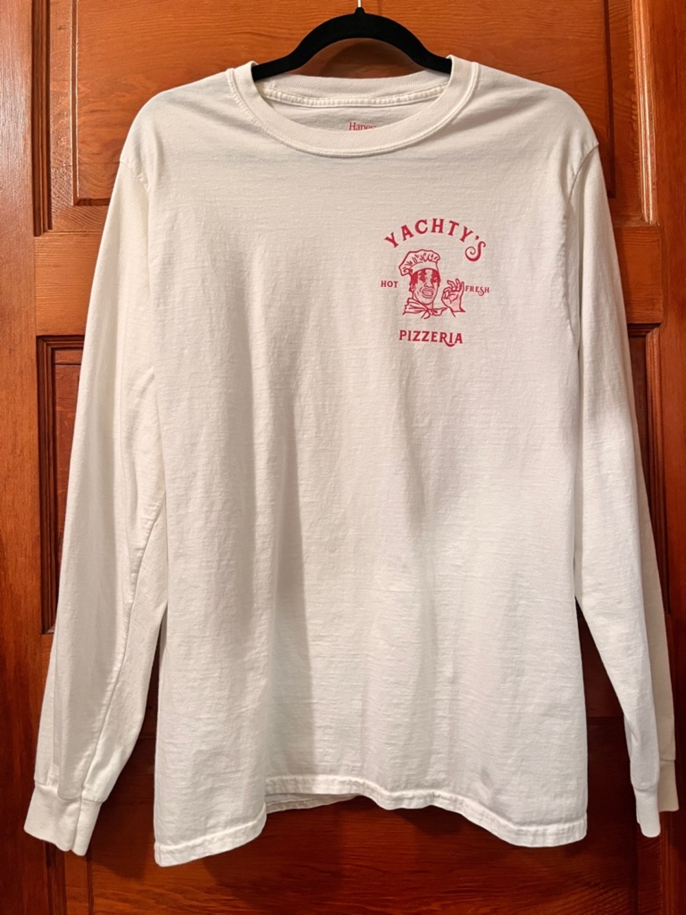 Yachty's Pizzeria White Long Sleeve Tee with Red Logo